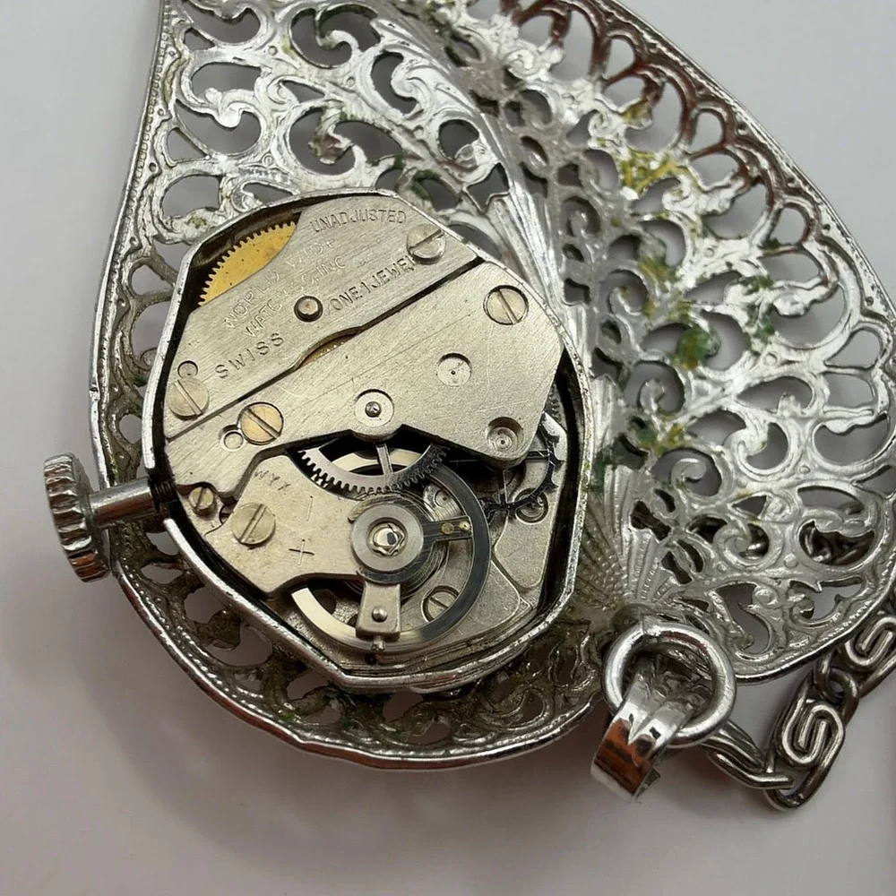 Heritage Swiss Pendant Watch Necklace Filigree Leaf Holder 1 Jewel Vintage